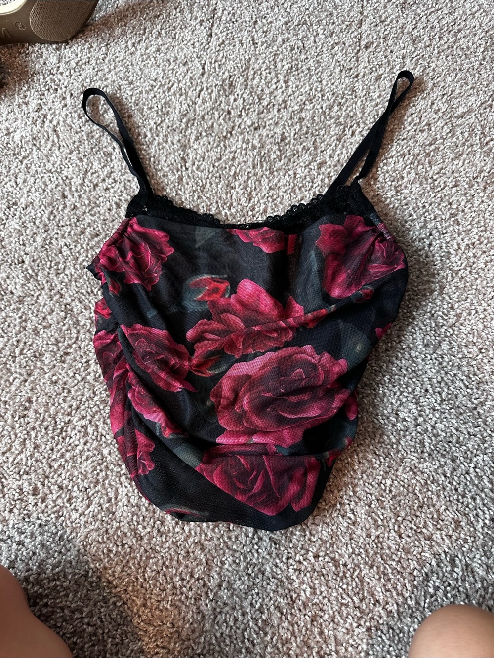 SHEIN Black Mesh Cami Top with Red Rose Print